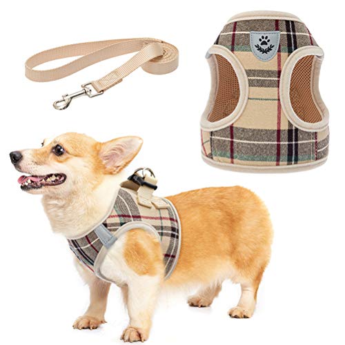 KOOLTAIL Dog Harness for Small Medium Dogs,Dog Harness and Leash Set, Step in No Pull Soft Mesh Padded Adjustable and Reflective Pet Vest Harness Puppy, Plaid Extra Harness for XS S Dogs, Beige L