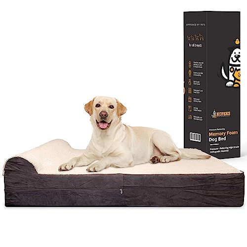 KOPEKS Jumbo Orthopedic Dog Bed - 7-inch Thick Memory Foam Pet Bed with Pillow with Removable Cover & Free Waterproof Liner - for Large Breed Dogs, XL, Brown-Plush Top