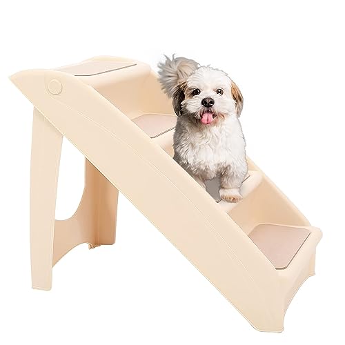 KUAFU Universal Foldable Pet Stair 4 Step Design Dog Ladder w/Support Frame for High Bed Sofa SUV car Indoor Outdoor Non-Slip Beige PP Plastic