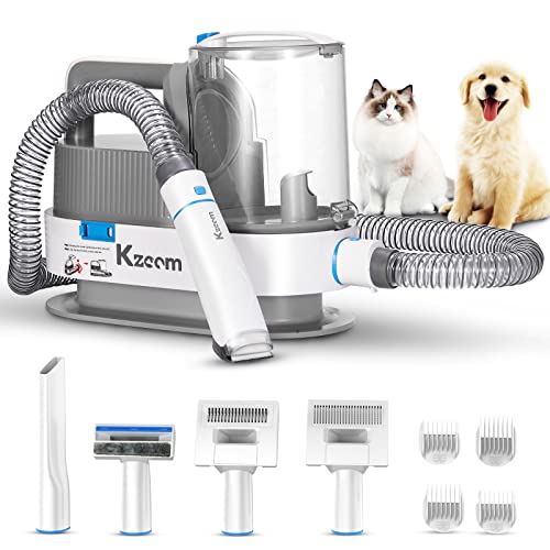 Kzoom Pet Clipper Grooming Kit with Vacuum Suction and Vacuum Picks Up 99% Pet Hair, 5 Grooming Tools, Low Noise Pet Grooming Vacuum with Dog Clippers (White 1)