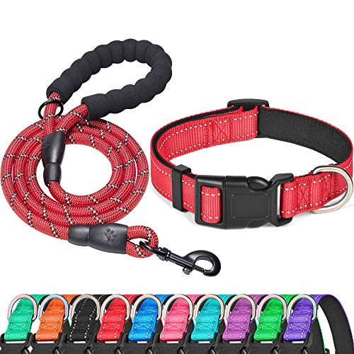 Ladoogo Reflective Dog Collar Padded with Soft Neoprene Breathable Adjustable Nylon Dog Collars for Small Medium Large Dogs (Medium (Pack of 1), Red Collar+Leash)