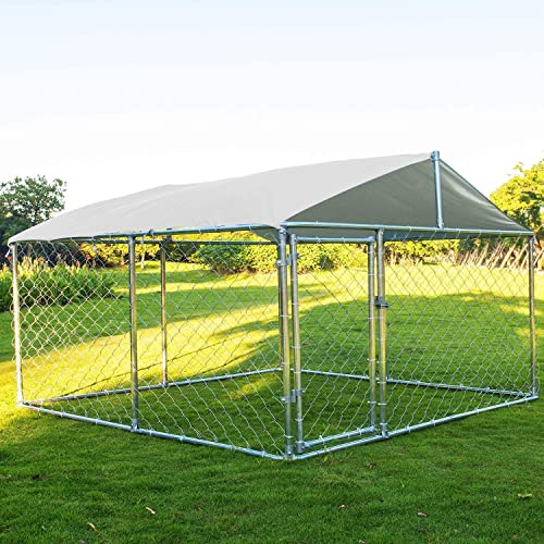 LEISU Heavy Duty Outdoor Dog Cage Pet Playpen Wire Kennel House with Water-Resistant Cover for Back or Front Yard (Silver Cover)