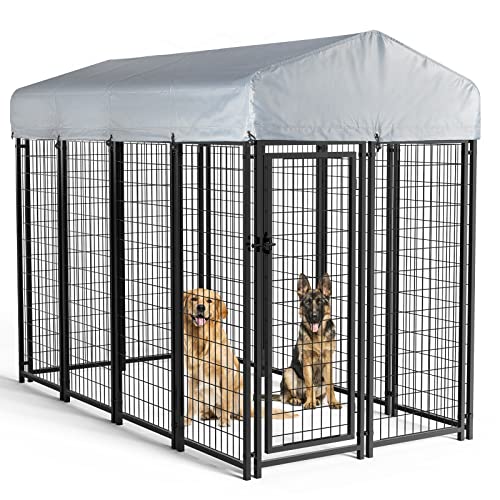 LEMBERI 8x4x6 FT Outdoor Dog Kennel for Large Dogs, Heavy Duty Welded Wire Steel Dog Playpen Fence with Secure Lock, Pet Pen with UV-Resistant Waterproof Roof Cover for Outside.,Black, (PLAP-BLK)