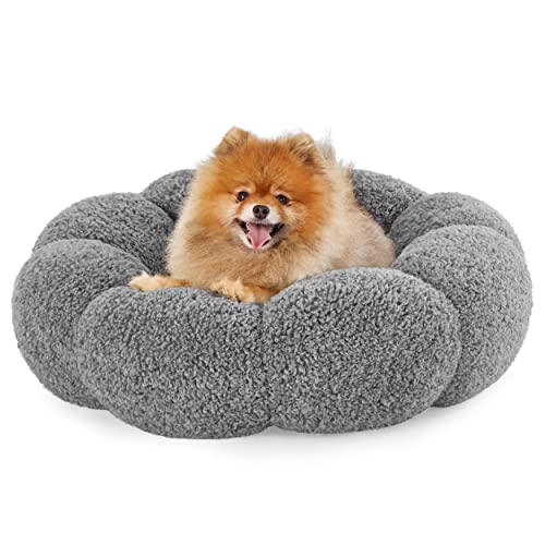 Lesure Calming Small Dog Bed - Flower Donut Round Fluffy Puppy Bed in Plush Teddy Sherpa, Non-Slip Cute Flower Cat Beds for Indoor Cats, Small Pet Bed Fits up to 25 lbs, Machine Washable, Grey 23"