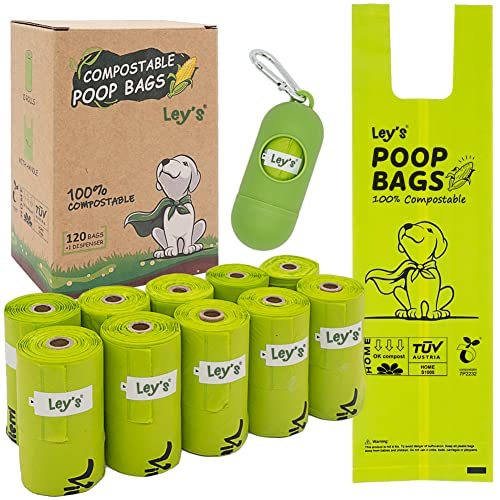 Ley's Compostable Dog Poop Bags, Plant-Based Biodegradable Doggie Waste Bags with Easy Tie Handles, Unscented, Vegetable-Based, Dog Bags Refill Rolls with Dispenser and Leash Clip