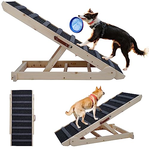 LFCREATOR Dog Ramp for Bed with Anti-Slip Rubber Surface,Dog Stairs for Large&Medium&Small Dogs & Cats, Adjustable Dog Ramp for Couch or Car, Wooden Dog Ramps for Sofa