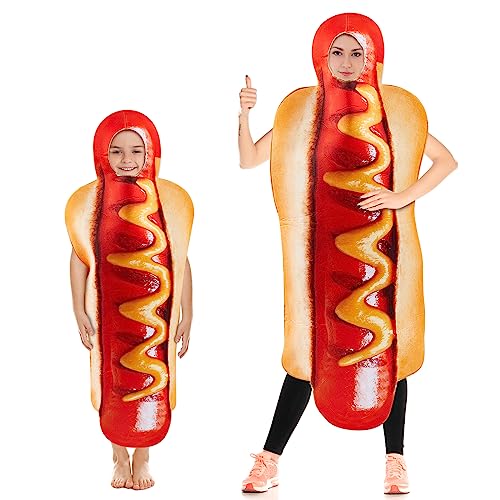 Liitrsh 2 Pcs Halloween Lightweight Hot Dog Costume Unisex Hot Dog Fancy Jumpsuit Food Costume Fit for Adult Kids Men Women Cosplay, 2 Size