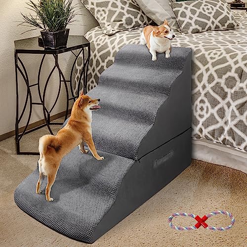 LitaiL 30-36 Inches Pet Foam Stairs for High Beds, 30D High Density Extra Wide Dog Foam Ramps/Stairs/Ladder for Couch, Older Dogs, Cats, Puppies, Injured Dogs (with 1 Rope Toy, 6-Tier Grey)