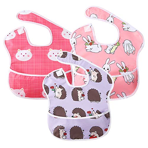 Little Dimsum 3 pack Baby Bibs Waterproof Bib Easy to Clean Feeding Bibs Weaning Bibs Adjustable Closed for Babies Toddlers with Large Pocket 6-36Months(Hedgehog & Rabbit & Cat)