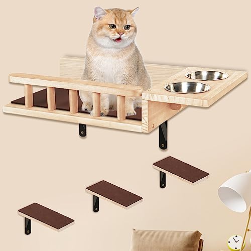 Loninak Cat Wall Shelves, Cat Feeding Shelf with Steps - Include Cat Food Shelf, 2 Cat Food Bowl and Cat Ladder, Wall Mounted Cat Shelf, Cat Furniture Wall for Playtime and Relaxation