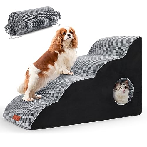 LOOBANI Dog Stairs for High Beds, 4 Tiers Dog Steps for Small Dogs & Couch, High Density Foam Dog Stairs for Extra Wide Pet Steps, Pet Stairs with Hole for Dogs Injured, Pets with Joint Pain