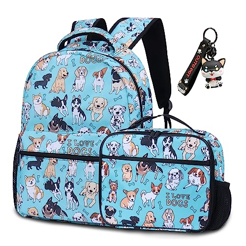 Lopevctor Dog Backpack Set for Kids, Puppy Backpack for Boys Girls with Lunch Bag and Keychain, Cute Dog Bookbag School Bag Set for Students