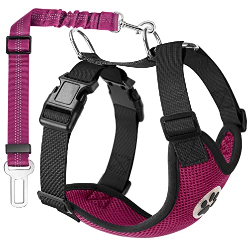 Lukovee Dog Safety Vest Harness Seatbelt, Dog Car Harness Seat Belt Adjustable Pet Harnesses Double Breathable Mesh Fabric Car Vehicle Connector Strap Dog (Large, Rose Red)