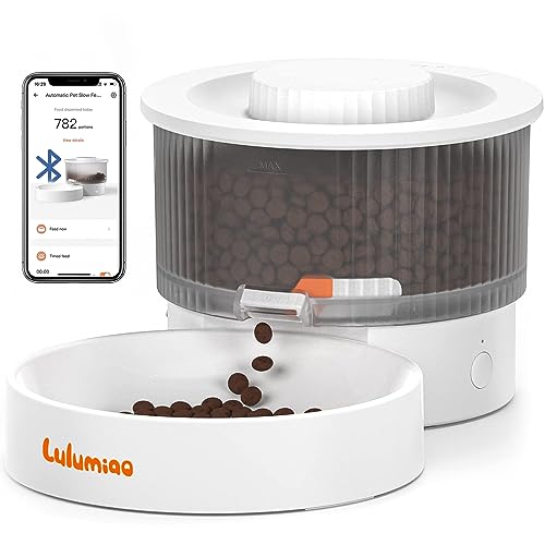Lulumiao Automatic Cat Feeders with Slow Dispensing, Healthier Timed Cat Food Dispenser Prevents Bloating for Small Dog, Customized Feeding Schedule, Dual Powered, APP Control Up to 99 Portion 10 Meal