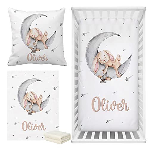 LVYZIHO Sleeping Bunny on The Moon Baby Crib Sheet Set, Rabbit Crib Sheets Set, Personalized Fitted Crib Bedding Sheet with Name, Crib Mattress Sheets for Baby Boys Girls, Standard Name Crib Sheet Set