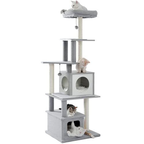 Made4Pets Modern Cat Tower for Indoor Big Cats, Wood Cat Tree with Scratch Post and Top Perch Bed, Tall Kitty Condo Litter Box for Large Cats 20 Lbs, Heavy Duty Narrow Kitten Tree