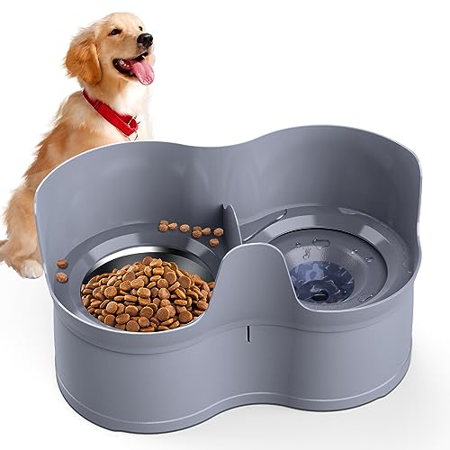 Mdupw Mess Proof Pet Feeder with Stainless Steel Food & Water Bowls, Non-Spilling Pet Water and Food Bowl Set, Non-Slip and Slow Water Feeder for Medium and Small Dogs