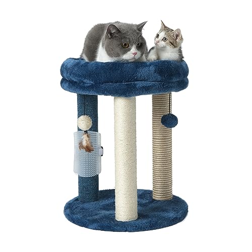 MECOOL Cat Scratching Post Tree with Tower Soft Cat Bed.Natural Quality Sisal Carpet Jute Scratch Posts with Three Hanging Ball Toys and Massage Brush for Indoor Cats and Kittens Blue