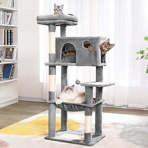 Meow Sir Cat Tree for Large Cats 53 Inches Multilevel Cat Tower with Large Hammock Super Spacious Condo and Wide Padded Perch Scratching Posts and Pad for Indoor Cats-Large Grey