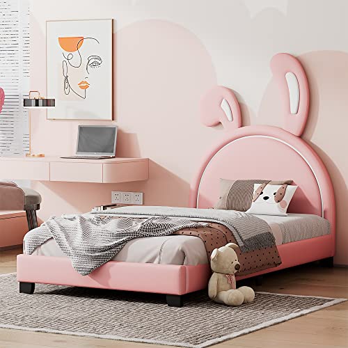 Merax Twin Size Upholstered Leather Platform Bed with Bunny Ears Headboard, Platform Bed Frame with Rabbit Ornament for Kids, Child's Bedroom, No Box Spring Needed, Pink