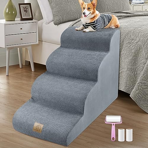 MESTUEL Dog Stairs for Bed, 20IN Pet Step/Stair 4 Steps, Foam Dog Step Cat Ramp for Couch Sofa Bed, Dog Ladder for Small Large Dogs Cats with Old/Injured Legged, Send 2 Refills, Grey