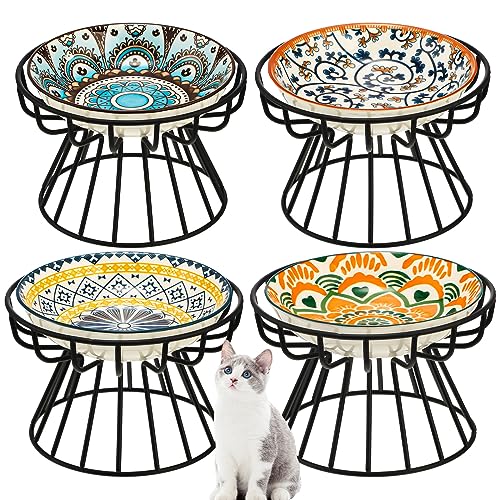 Mifoci 8 Pieces Bohemia Elevated Cat Bowls Set Include 5.5 Inch Raised Cat Food Bowls 4 Wide Cat Dishes with 4 Anti Slip Stand Ceramic Cat Food Dish Elevated Cat Plate for Pets Kitten Water Feeding