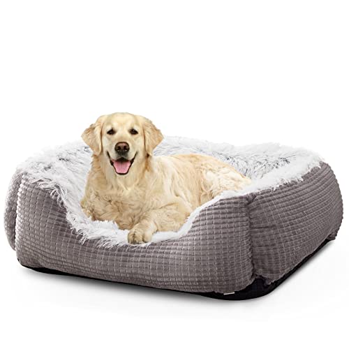 MIXJOY Large Dog Bed for Large Medium Small Dogs, Washable Orthopedic Dog Sofa Bed, Durable Plush Rectangle Pet Bed, Soft Fluffy Calming Puppy Bed with Anti-Slip Bottom (L,30''x 24''x 9'')