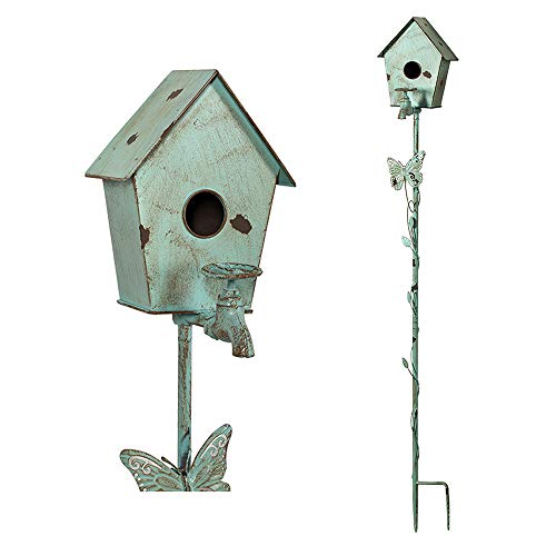 MOCOME Bird Houses for Outside with Pole Metal Birdhouse Stakes Decorative Outdoor, Reclaimed Faucet Accent (Teal, 52")