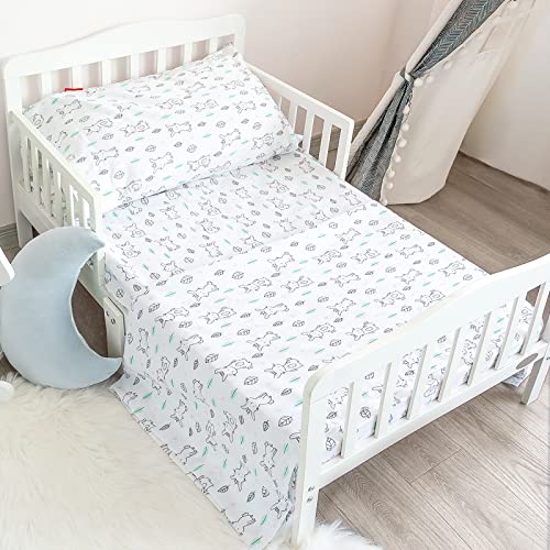 Moonsea Crib Sheet Set 3-Piece, Bunny Toddler Bed Set for Boys and Girls, Soft Breathable Sheet Set for Toddler Bed Includes 1Pcs Flat Sheet, 1Pcs Fitted Sheet, 1Pcs Deep Pocket Pillowcase