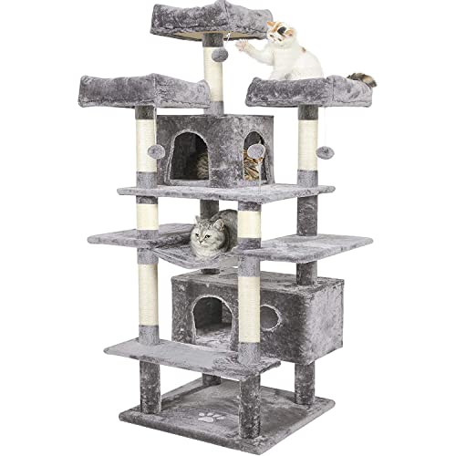 MSmask 67" Large Cat Tree, Multi-Level Cat Tower with 3 Top Perches, 2 High Plush Condos, Scratching Posts, Stable Activity Center with Pedals/Hammock/Spring Ball for Kitten/Big Cat