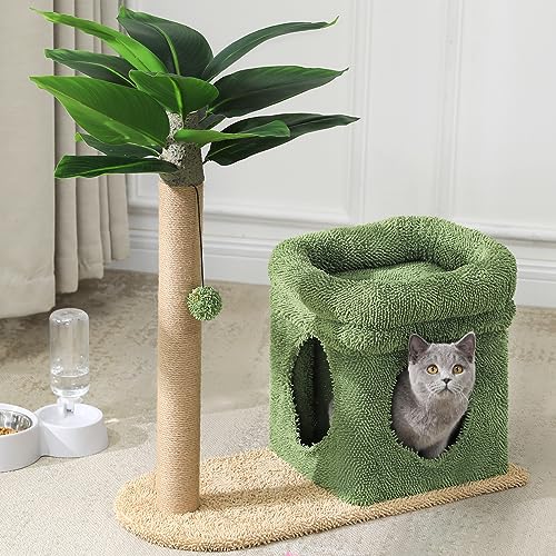 MSmask Artistic Cat Tree, Cat Condo with Sisal Fully Wrapped Scratching Post Tree, with Artificial Palm Leaves and Perch, Beach House Theme