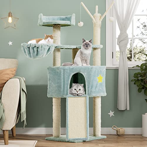 MSmask Cat Tree for Indoor Cats, 51-Inch Cat Tower Lake Green, Cat Condo with Large Scratching Ramp, Removable Fur Ball Sticks, Stars Decor
