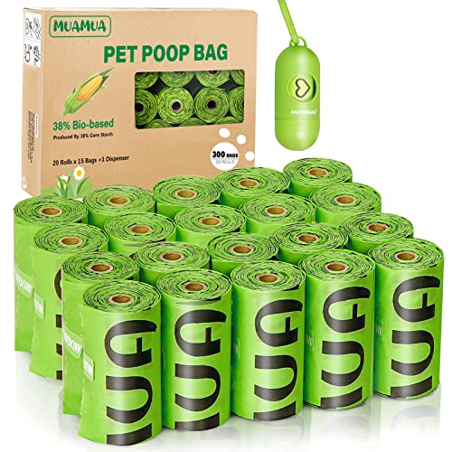 MUAMUA Biodegradable Dog Poop Bags 300 Count, 20 Rolls, Recyclable Dog Waste Bags with Dispenser, Large 9 x 13 Inches, Extra Thick, Leak Proof Poop Bags for Dogs and Cats