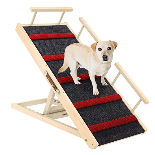 Mugiden Adjustable Dog Ramp for Bed Wooden Folding Portable Pet Ramp for Couch with Rails & Anti-Slip Mat for Small and Older Dogs & Cats 39.4" Long & Adjustable from 12" to 24" Rated for 200 LBS