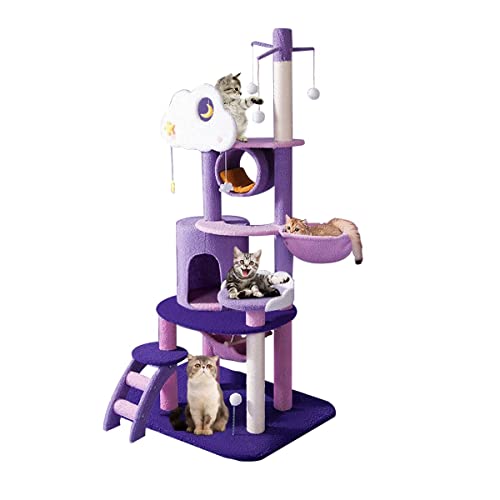 Multi-Level Cat Tower, Cute Purple Cat Tree for Large Cats 67 Inches Cat Condos for Indoor Cats Kitten House with Scratching Posts & Hammock, Pet Cat Castle with Comfortable Plush