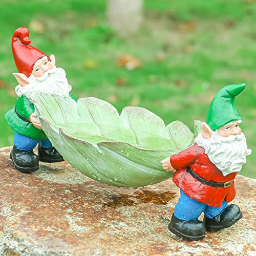 MUMTOP Antique Outdoor Garden Bird Bath with Funny Garden Gnome Decor, Resin Leaf Bird Bath Bird Feeder with Vintage Gnome Statue for Outdoor Garden Yard, Multi-Color