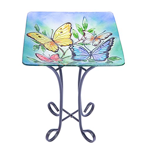 MUMTOP Glass Bird Baths for Outdoors, Hand Painted Butterfly Bird Bath Bowl with Metal Stand for Patio Garden Backyard Décor, 21 inch Height