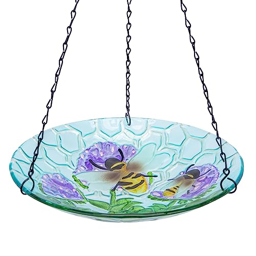 MUMTOP Hanging Bird Bath - Bird Baths for Outdoors, 11 Inch Glass Bird Bath Bowl Bird for Garden and Patio Decor(Bee and Flower)