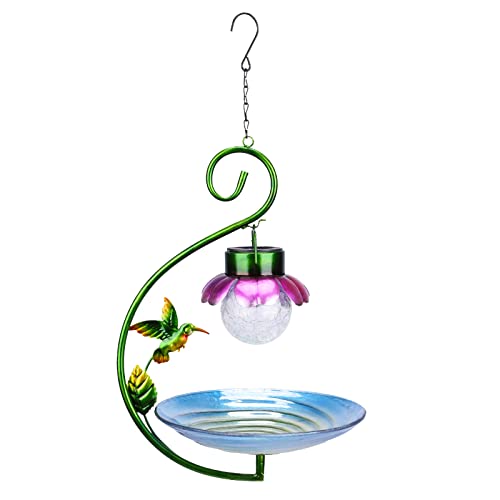 MUMTOP Hanging Bird Bath - Bird Baths for Outdoors, 11 Inch Glass Solar Bird Bath Bowl Bird Feeder Birdbath with Led Cracked Glass Ball and Metal Hummingbird for Garden and Patio Decor