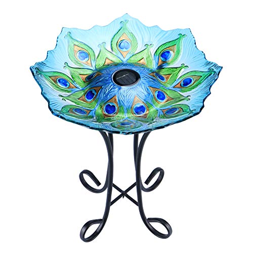 MUMTOP Outdoor Glass Birdbath Solar Birdbaths with Metal Stand for Lawn Yard Garden Peacock Decor,18” Dia*21.65 Height