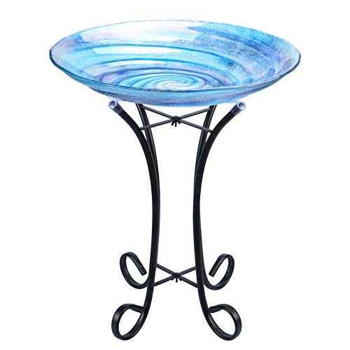 MUMTOP Outdoor Glass Birdbath with Metal Stand for Lawn Yard Garden Decor,18” Dia/21.65 Height