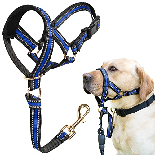 Muzzle Leash for Heavy Pullers, No Pull Stylish Head Halter for Medium Large Aggressive Dogs, Gentle Dog Face Harness Stops Pet Pulling and Choking on Walks, Adjustable Head Collar (L, Blue)