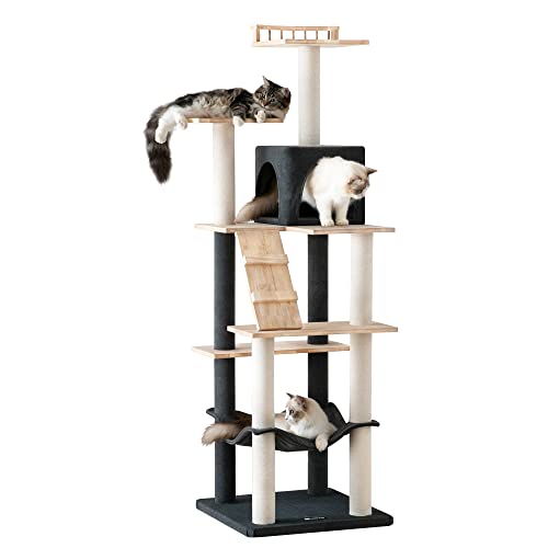 MWPO Cat Tree - 63.8-Inch Modern Wood Cat Tower for Indoor Cats,Multi-Level Cat Condo for Large Cat with Scratching Posts, Hammock- Smoky Gray
