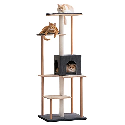 MWPO Modern Cat Tree - 63-Inch Luxury Wood Cat Tower for Indoor Cats, Large Perches with Soft Cushions, Cat Condo for Large Cats with Scratching Posts - Smoky Grey