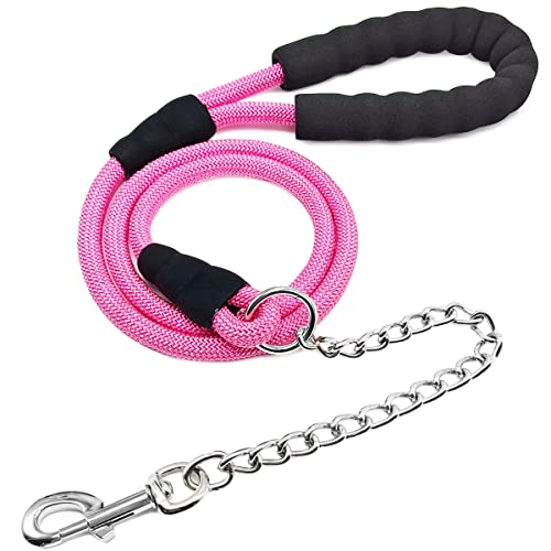 Mycicy 5FT Chewproof Dog Leash, Anti Bite Metal Chain Leash with Strong Nylon Rope Soft Padded Handle for Teething Puppies, Chew Resistant for Medium Large Dogs Walking Outdoor Training