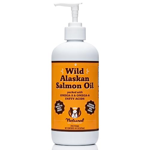 Natural Dog Company Pure Wild Alaskan Salmon Oil for Dogs (16oz) Skin & Coat Supplement for Dogs, Dog Oil for food with Essential Fatty Acids, Fish Oil Pump for Dogs, Salmon Oil for Puppies, Omega 3 Fish Oil for Dogs, Wild Fish Oil