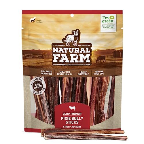 Natural Farm Bully Sticks (6 Inch, 30 Pack), Thin Pizzle Pixie Beef Treats, Grain-Free, High Protein, Best Rawhide Alternative for Small, Puppies or Senior Dogs