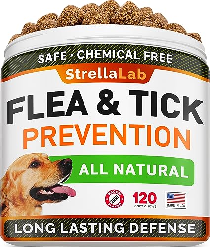 Natural Flea and Tick Prevention Chews for Dogs - Chewable Tablets for Dogs - All Breeds and Ages - Made in USA Flea and Tich Remover Supplement - Bacon - 120 Treats