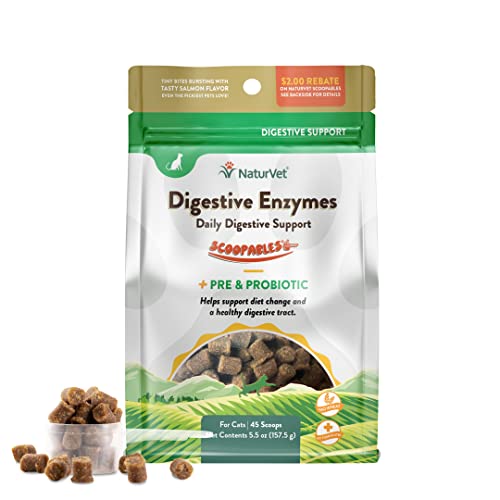 NaturVet Scoopables Cat Digestive Support - Digestive Enzymes for Cats with Probiotic - Supports Diet Change, Sensitive Stomachs & Healthy Digestive Tract - Salmon Flavored | 5.5oz Bag