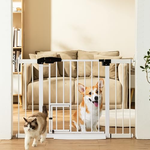 NCDCNI 29.9-50.2" Extra Wide Baby Gate with Cat Door, 31.5" Height Pet Gates with Safe Fixed Ramp, Dog Gate for Stairs, Doorways and House, Pressure Mounted (White)